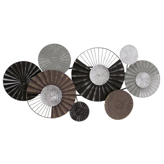 Floating Roundels Wall Art Sculpture, Hand Welded, Ruffled, Incised Metal, Brown, Black, Silver, Grey, 39.25 inches, Modernist Home