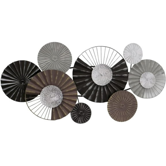 Floating Roundels Wall Art Sculpture, Hand Welded, Ruffled and Incised Metal, Brown, Black, Silver, Grey,  39.25 Inches, Modernist Home