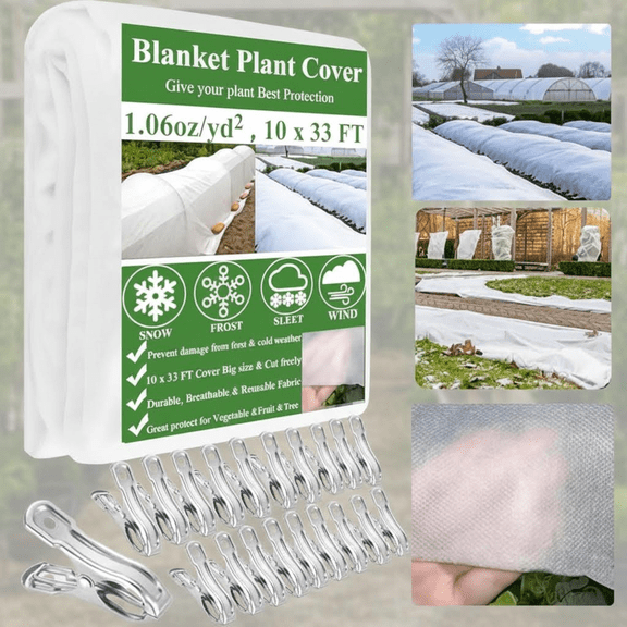 Floating Row Cover for Plants, 10 x 33 Ft Winter Frost Protection Blanket with 20 Stainless Steel Clips for Outdoor Raised Beds, Greenhouses, and Sun Shielding