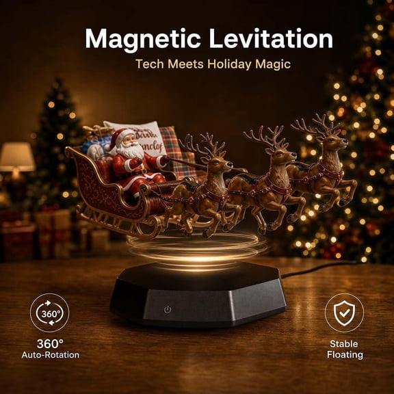 Floating Santa Sleigh,Magnetic Levitation Santa's Flying Sleigh Ornament, Santa's Flying Sleigh,Christmas Display with BuiltIn Warm LED Lighting for Home,Office,Shelf & Holiday Party