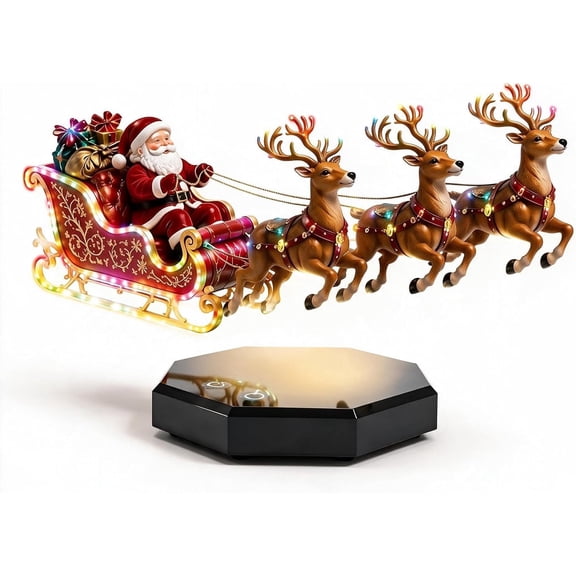 Floating Santa Sleigh Ornament,Magnetic Levitation Santa's Flying Sleigh Tabletop Decor,Christmas Display with BuiltIn Warm LED Lighting for Home,Office,Shelf & Holiday Party(A)
