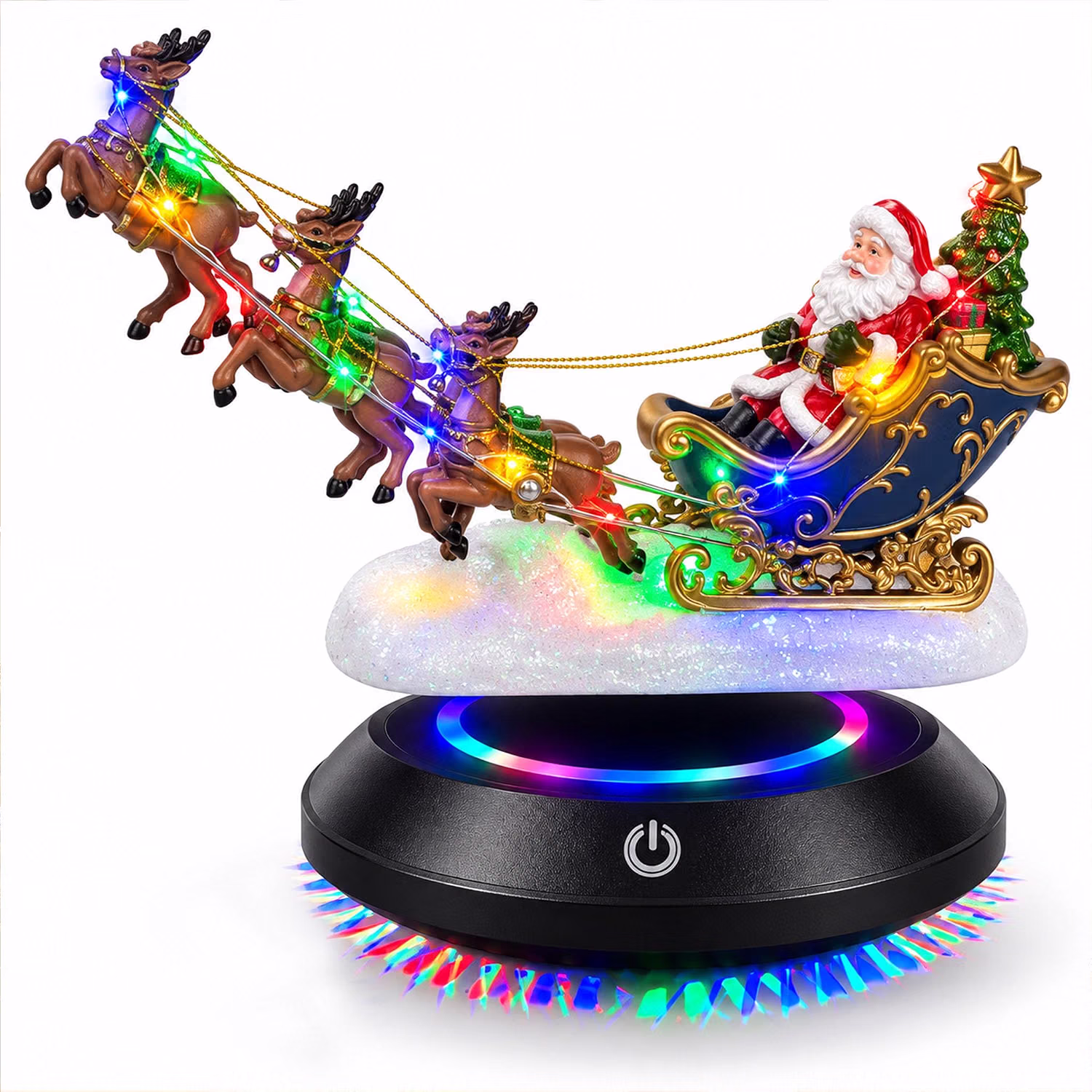 Floating Santa Sleigh with Reindeer, Magnetic Levitation Christmas Decor, Light-Up 360 Rotating Display for Mantel Shelf Desk, 10.63 x 6.30 x 2.36 in, Holiday Party Centerpiece