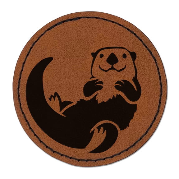 Floating Sea Otter 2.5" Faux Leather Round Engraved Iron-On Patch - Brown