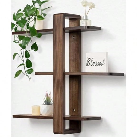 Floating Shees for Wall Walnut Mounted Shelf Unit for Living Room Bedroom Bathroom Mid Century Modern Decorative Storage Plant Photo Display Home Decor 3 Tier Large 20in All Pine