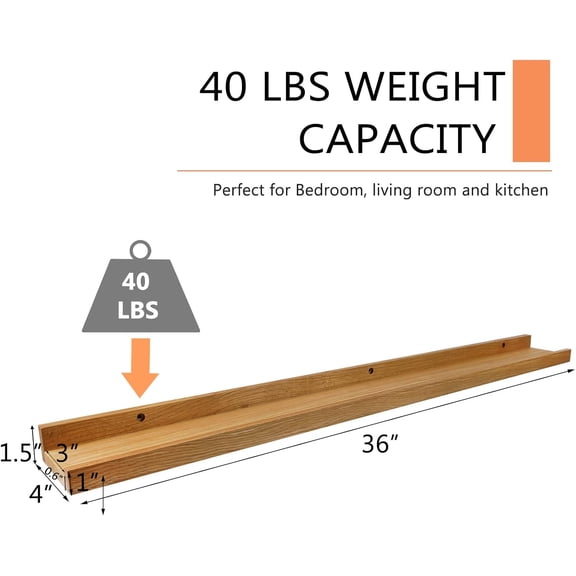 Floating Shelf 36 Inch Natural Wood Shelves, Rustic Display Books Picture Ledge Shelf for Wall Mounted, Natural Solid Oak Wood Shelf, Easy to Install, Natural Color, 36 *4 *1.5 (1 Pack)