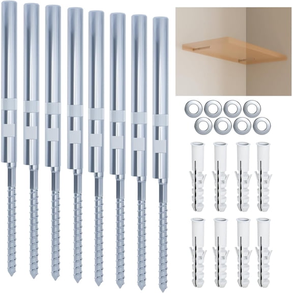 Floating Shelf Bracket (8 pcs) - Blind Shelf Supports - Silver Hidden Brackets for Floating Wood Shelves Great Invisible Support for Thin Shelf Shelving Mounting Hardware Included (Pack 8)