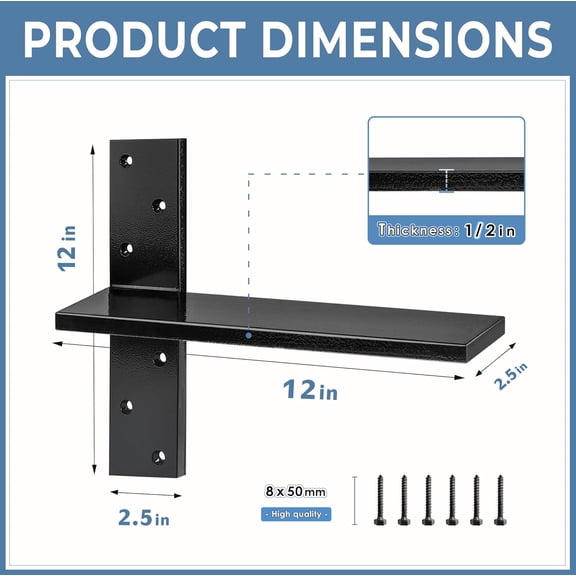 Floating Shelf Bracket Heavy Duty 1/2" Thick Free Hanging Countertop Support Bracket 2 Pack 12" Lx2.5 W Hidden Shelf Bracket for Floating Wall Countertops, Bars, Desks, Bench Seats, Vanities, Mantels