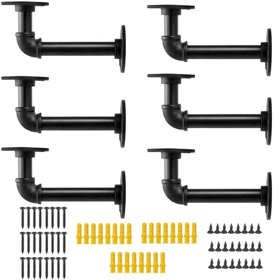 Floating Shelf Brackets, Heavy Duty Industrial Pipe Shelf Bracket for 8 10 12 14 inches Board, Iron L Pipe Shelving Brackets - 6 Pack