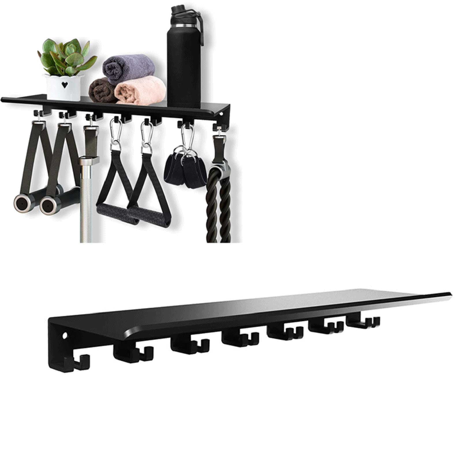 Floating Shelf with Hooks, Water Bottle Storage Organizer, 24 In, 8 Hooks, 1 Pc, Black, Home Gym Storage, Gym Equipment Storage, Wall Mounted Storage, Garage Hooks Heavy Duty, at