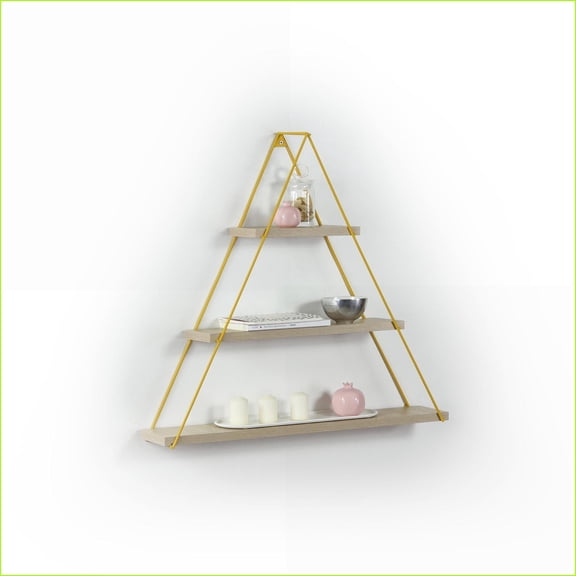 Triangle Shelf, Wall Mounted Rustic Metal Bracket for Books, Solid Oak Wood | Mustard Yellow