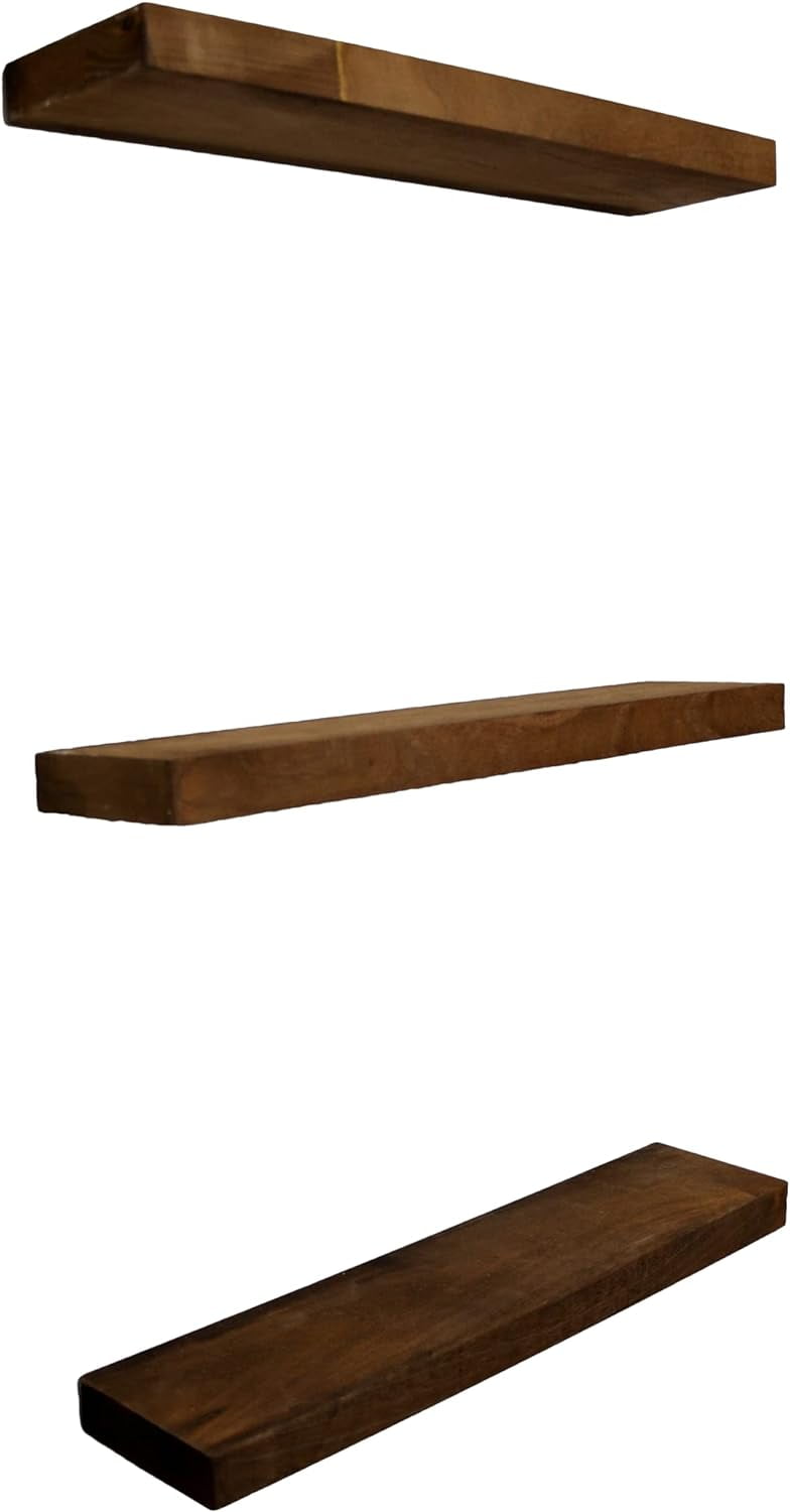 Floating Shelf Set (Set Of 3, 24" X 6" Shelves, Walnut), Rustic Farmhouse Shelving, Thick