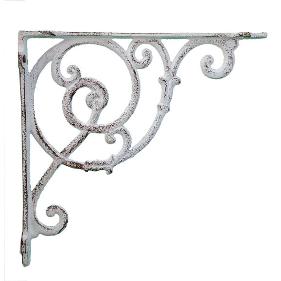Floating Shelf Wall Bracket Ornate Scrolling Pattern Distressed White Cast Iron 10" Deep Brace by Flag Emotes
