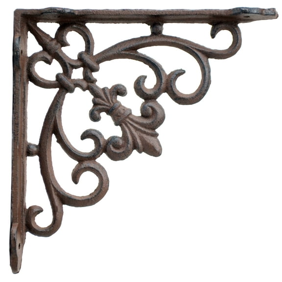 Floating Shelf Wall Bracket Swirl Fleur De Lis Rust Brown Cast Iron 7.5" Deep by Flag Emotes