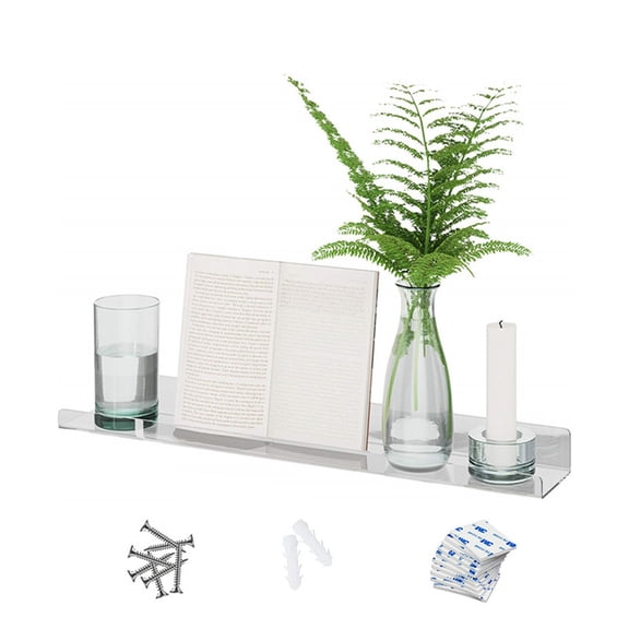 Floating Shelf for Wall Display - Sleek Clear Acrylic Rack Holder with Wall Mount Bracket Easy Tool-Free Drywall Installation Flat Profile Wall Shelf for Books Photos Bathroom Organizer