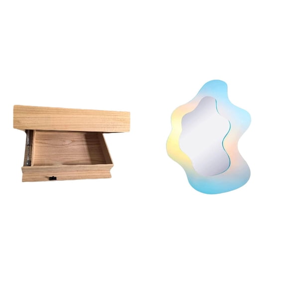 Floating Shelf Wall Mounted Drawer Wavy Acrylic Mirror Modern Wood Material for Bathroom Bedroom Office Decor