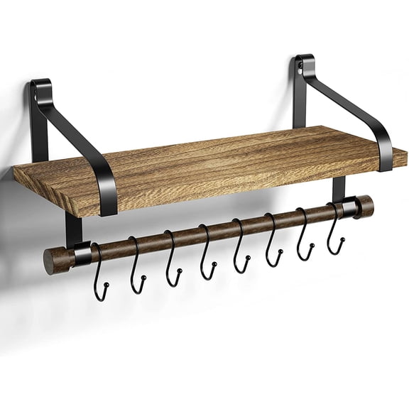Floating Shelf Wall Shelf for Storage Rustic Wood Kitchen Spice Rack with Towel Bar and 8 Removable Hooks for Organize Cooking Utensils or Mugs Carbonized Black