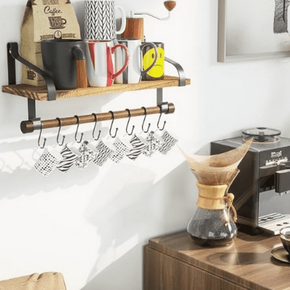 Floating Shelf Wall Shelf for Storage Rustic Wood Kitchen Spice Rack with Towel Bar and 8 Removable Hooks for Organize Cooking Utensils or Mugs Carbonized Black