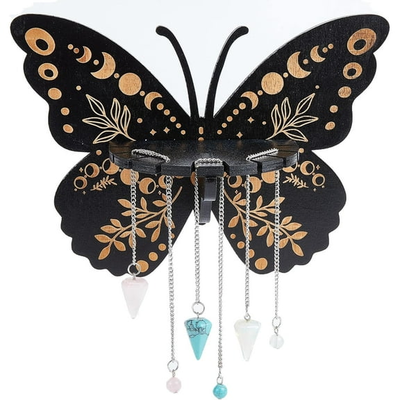 Floating Shelf Wooden Display Shelves Butterfly Pagan Trinket Holder Stand with 3pcs Pendulum Chain for Hanging Essential Oil Spiritual Wall Decor Gift Black 8x6Inch for diy