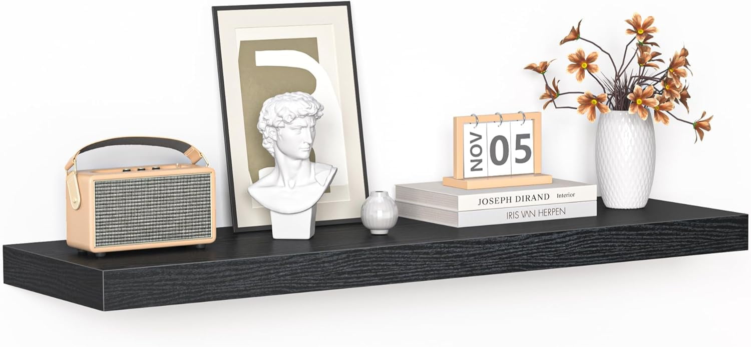 Floating Shelves - 10.23 Inch Deep Wall Shelf for Decor & Storage - Wall Mounted Display Shelving with Invisible Heavy-Duty Metal Bracket - 36" W x 10.23" D x 1.8" H - Set of 1 - Rustic Black