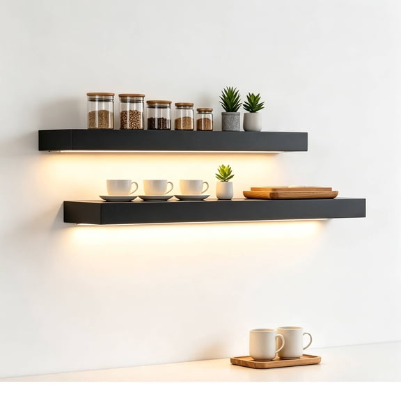 Floating Shelves  15.75" Wall Mounted Wood Shelves , Hanging Shelf for Books/Storage/Decor with Invisible Brackets, Built-in LED Lighting, Black