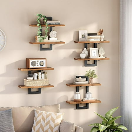Floating Shelves, 15 Inch Wall Shelf Set of 4, Wall Mounted Storage Shelves 2-Tier, Hanging Bathroom Shelves, for Living Room, Bedroom, Bathroom, Kitchen, Rustic Brown and Black
