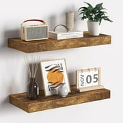Floating Shelves - 16 Inch Rustic Brown Wall Shelf - Wall Mounted Shelves for Wall Decor Storage - Wooden Shelves with Invisible Brackets for Living Room, Bedroom, Kitchen, 2 Pack
