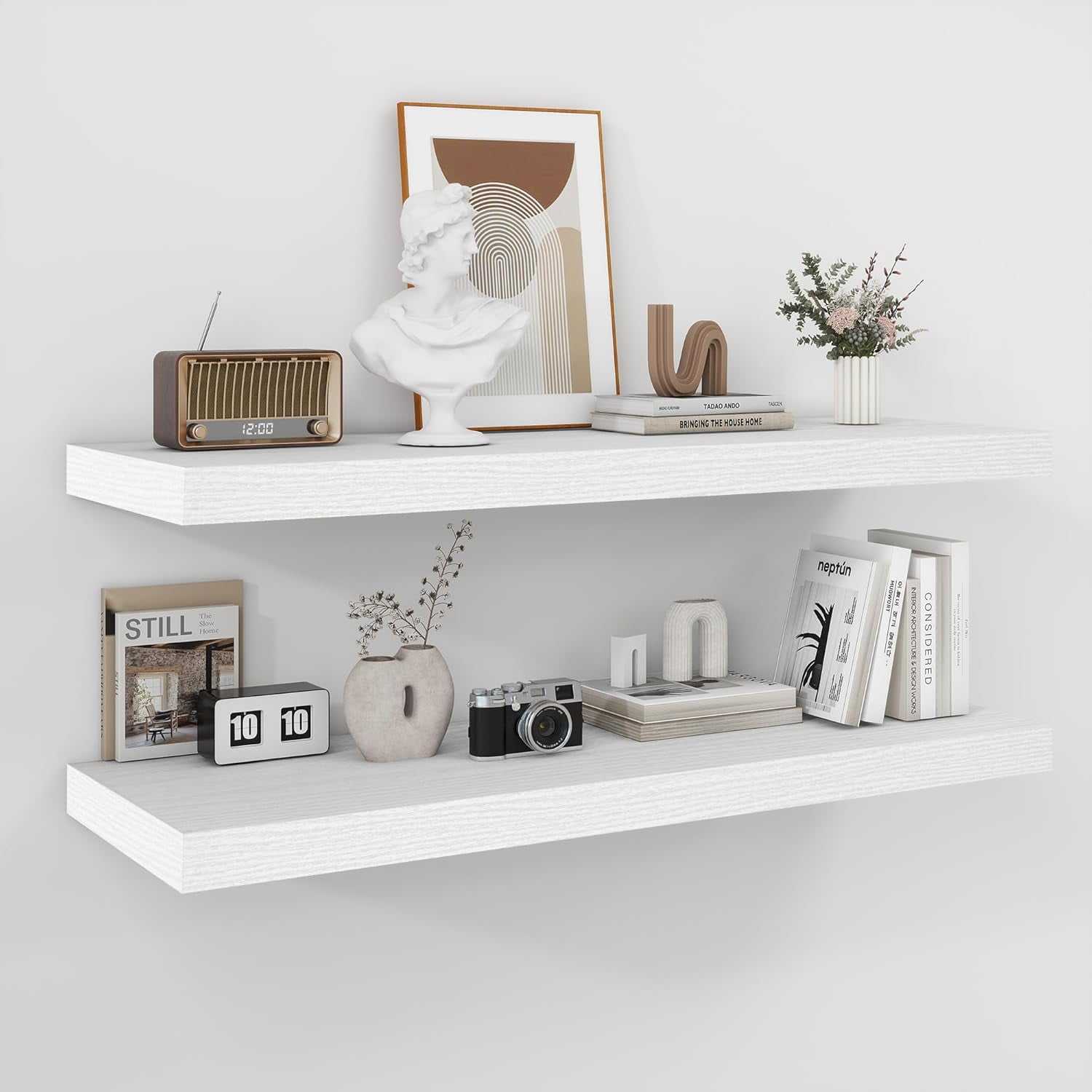 Floating Shelves - 2 Pack 12 Inch Rustic Wooden Wall Shelves - Extra Deeper & Thicker Wall Mounted Storage Shelf for Living Room, Kitchen, Farmhouse - 36" W x 12" D x 1.8" H - White