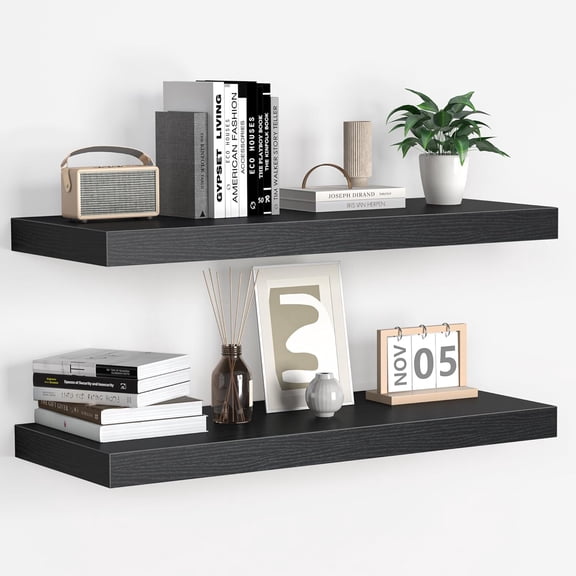 Floating Shelves - 2 Pack 9 Inch Rustic Wooden Wall Shelves - Extra Deeper & Thicker Wall Mounted Storage Shelf for Living Room, Kitchen, Farmhouse - 24" W x 9" D x 1.6" H - Rustic Black