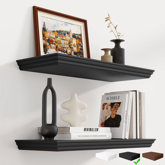 Floating Shelves 24 Inch Long 9.3 Deep Classic Crown Molding For Wall Rustic Wooden Decor Bathroom Kitchen Office (black 2pack)