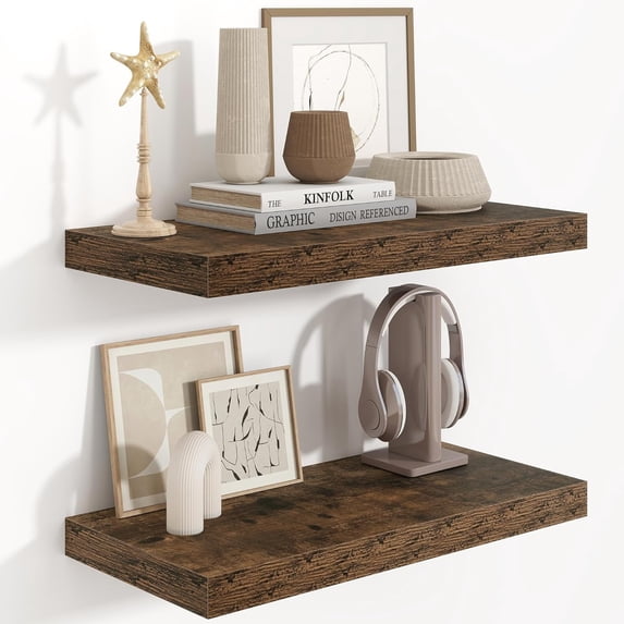 Floating Shelves 24 Inch Long, 9.3 Inch Deep Floating Shelf for Lving Room, Bedoom, Kitchen, Deep Wall Shelves for Bathroom, 2 Pack Storage Display Shelf for Books, Decors, Rustic Brown