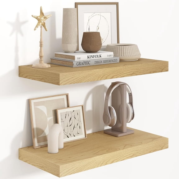 Floating Shelves 24 Inch Long, 9.3 Inch Deep Floating Shelf for Lving Room, Bedoom, Kitchen, Deep Wall Shelves for Bathroom, 2 Pack Storage Display Shelf for Books, Decors, Oak