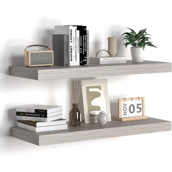 Floating Shelves - 24 Inch Rustic Wooden Wall Shelves - Extra Deeper & Thicker Wall Mounted Storage Shelf for Living Room, Kitchen, Farmhouse - 24" W x 9" D x 1.6" H - Rustic Grey, 2 Pack