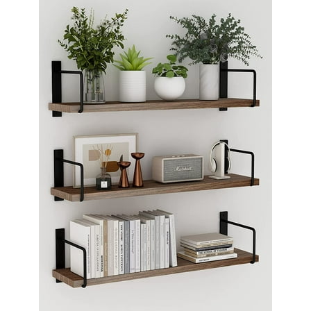 Floating Shelves - 24 Inch Wall Mounted Set of 3 Rustic Wood Shelves for Wall Decor and Living Room Storage (Brown)