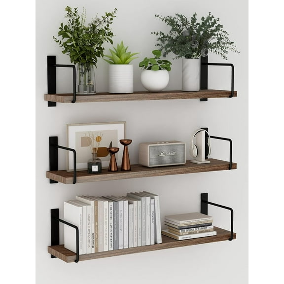 Floating Shelves - 24 Inch Wall Mounted Set of 3 Rustic Wood Shelves for Wall Decor and Living Room Storage (Brown)