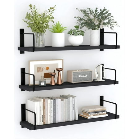 Floating Shelves - 24 Inch Wall Mounted Set of 3 Rustic Wood Shelves for Wall Decor and Living Room Storage (Brown)