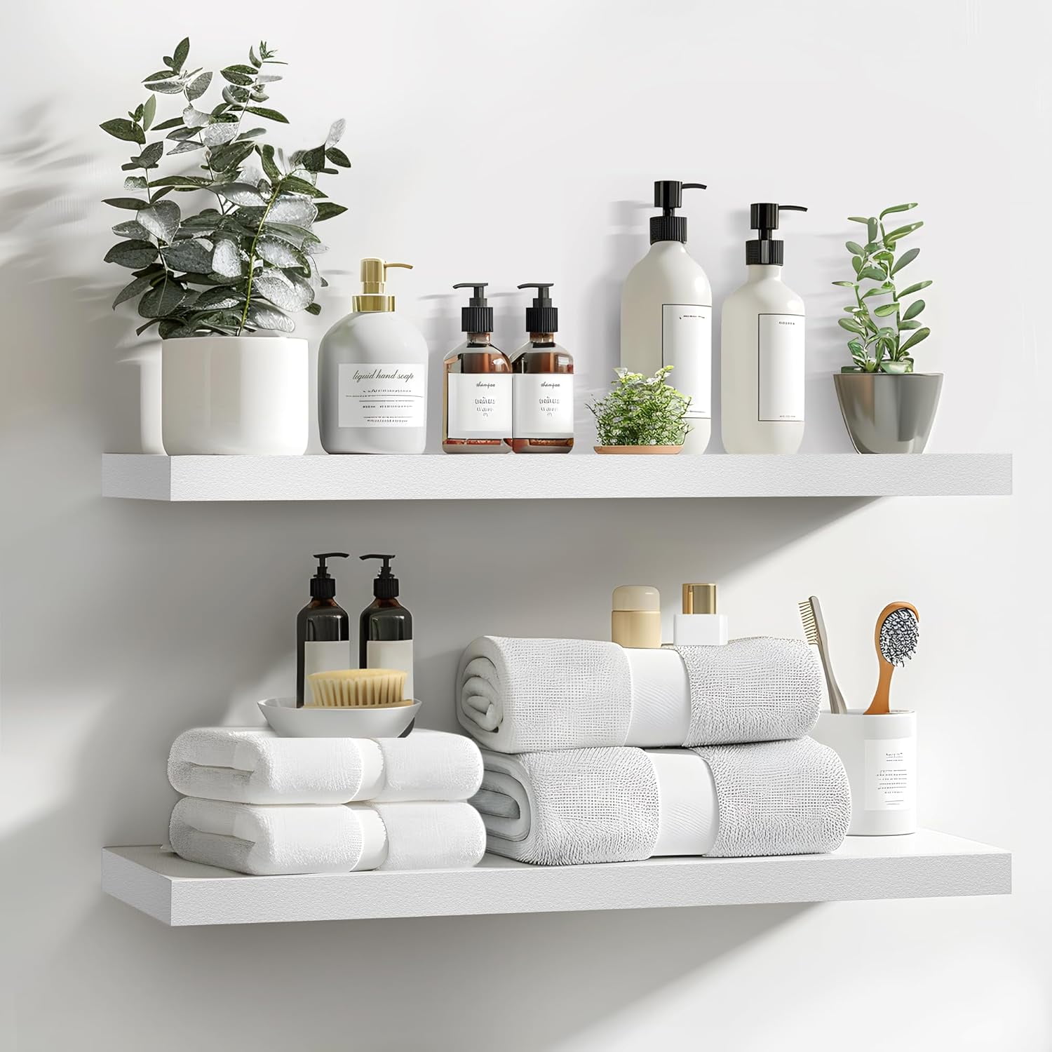 Floating Shelves, 24 Inch Wall Shelf Set of 2, Hanging Shelf with Invisible Brackets, Wall Decor for Bathroom, Bedroom, Living Room, Kitchen Storage, Modern White