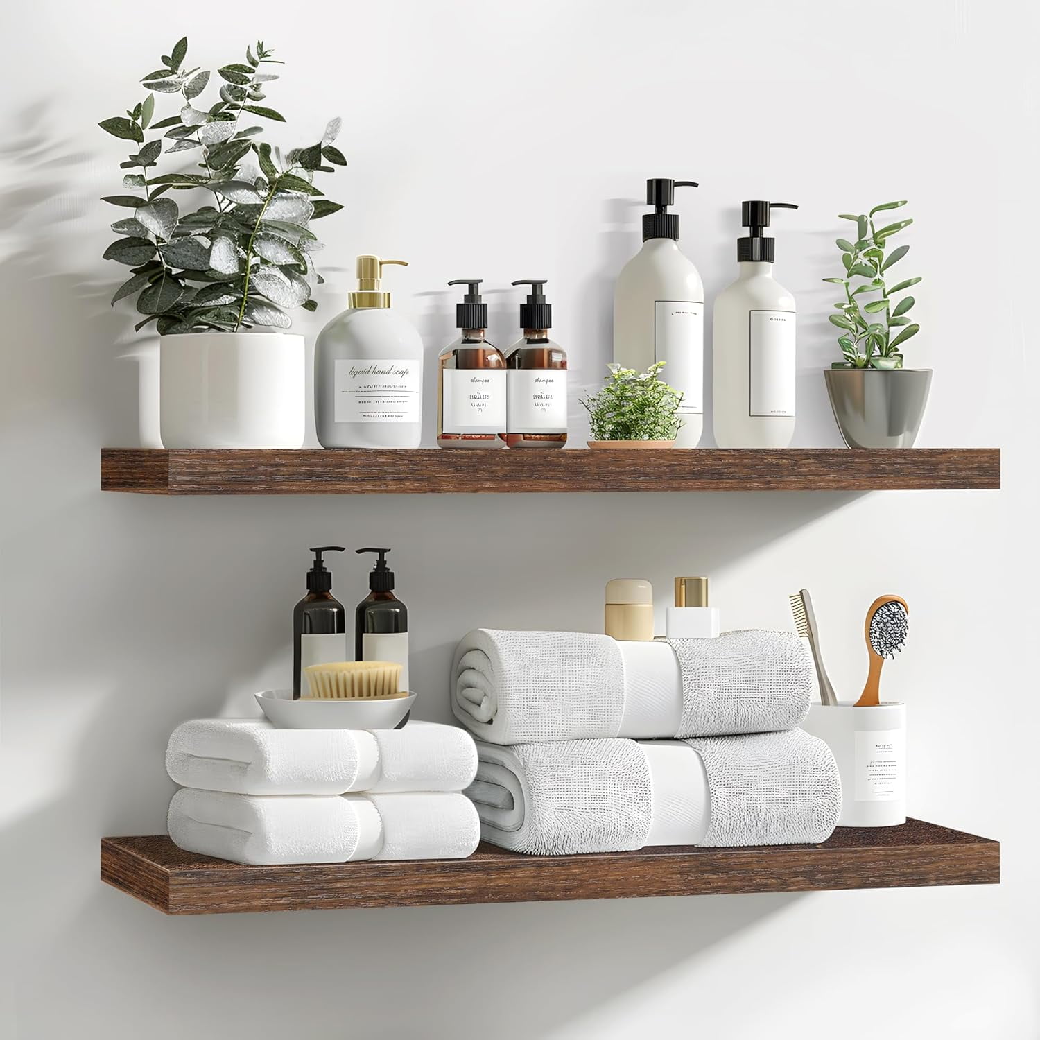 Floating Shelves, 24 Inch Wall Shelf Set of 2, Hanging Shelf with Invisible Brackets, Wall Decor for Bathroom, Bedroom, Living Room, Kitchen Storage, Rustic Brown