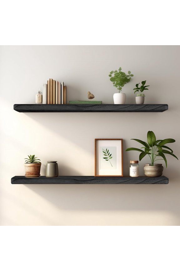 Floating Shelves 24 Inches Long, Set of 2 Rustic Wood Wall Mounted Shelves, Wall Picture Ledge Shelf with Invisible Metal Brackets for Living Room, Bedroom, Bathroom, Black