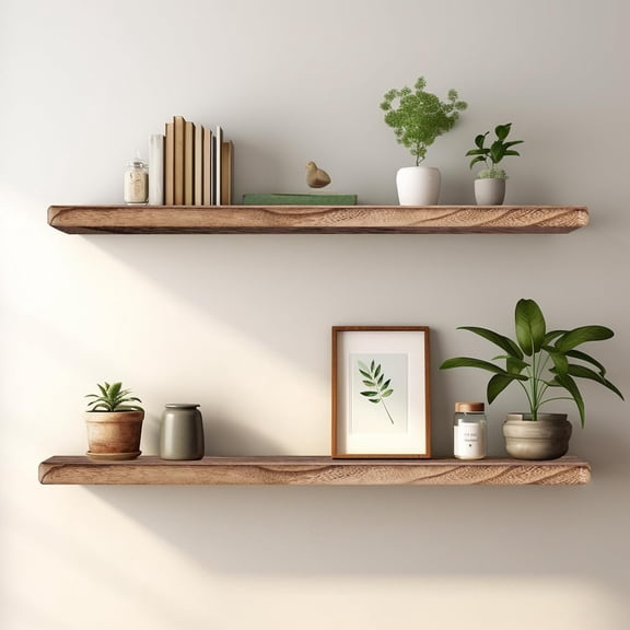 Floating Shelves 24 Inches Long, Set of 2 Solid Rustic Wood Wall Mounted Shelves, Wall Picture Ledge Shelf with Invisible Metal Brackets for Living Room, Bedroom, Bathroom, Carbonized Black