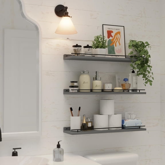 Floating Shelves 24 inch with Black Metal Guardrail, Shelves for Wall Decor Set of 3, Wall Shelves for Bedroom, Bathroom, Kitchen, Living Room, Plants, Picture Frames, Art- Grey