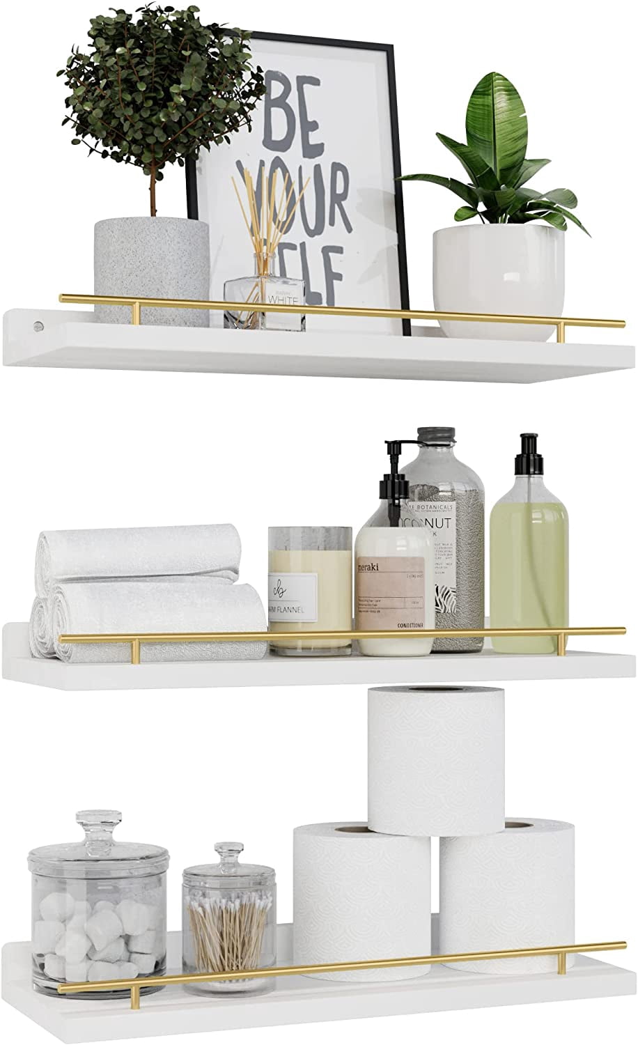 Bl Shelf Floating Shelves 24 inch with Gold Metal Guardrail, Shelves for Wall ...