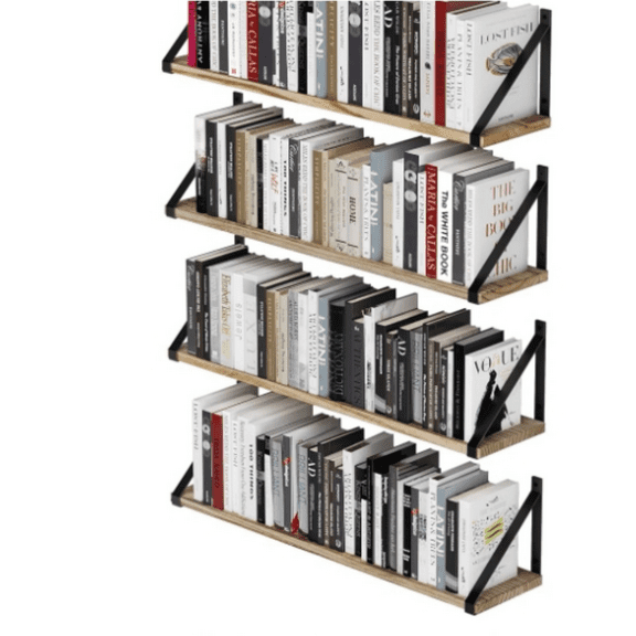 Floating Shelves, 24x6, Set of 4, Small Bookshelf Unit for Living Room, Office, Bedroom, Natural Burned Rustic Wood Wall D r with Metal Shelf Bracket