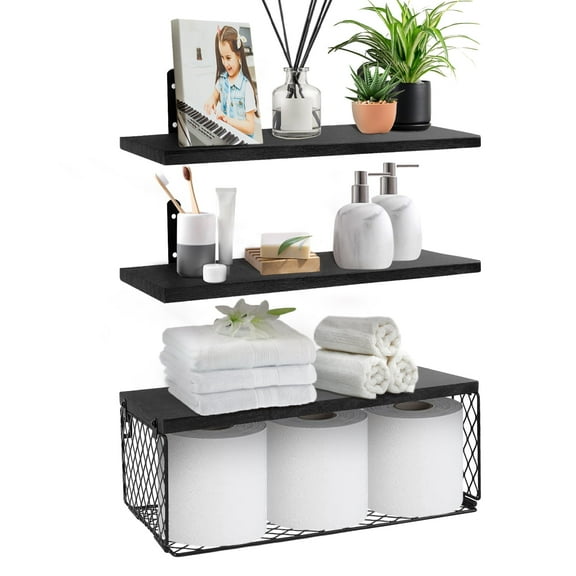 Floating Shelves, 3 Set Wall Mounted Wood Bathroom Shelves with Wire Storage Basket & Hooks, Farmhouse Floating Shelf Bathroom Accessories for Bedroom, Living Room, Kitchen, Bathroom Decor – Black