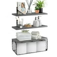 thumbnail image 1 of Floating Shelves, 3 Set Wall Mounted Wood Bathroom Shelves with Wire Storage Basket & Hooks, Farmhouse Floating Shelf Bathroom Accessories for Bedroom, Living Room, Kitchen, Bathroom Decor – Grey, 1 of 7