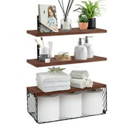 Floating Shelves, 3 Set Wall Mounted Wood Bathroom Shelves with Wire Storage Basket & Hooks, Farmhouse Floating Shelf Bathroom Accessories for Bedroom, Living Room, Kitchen, Bathroom Decor – Brown