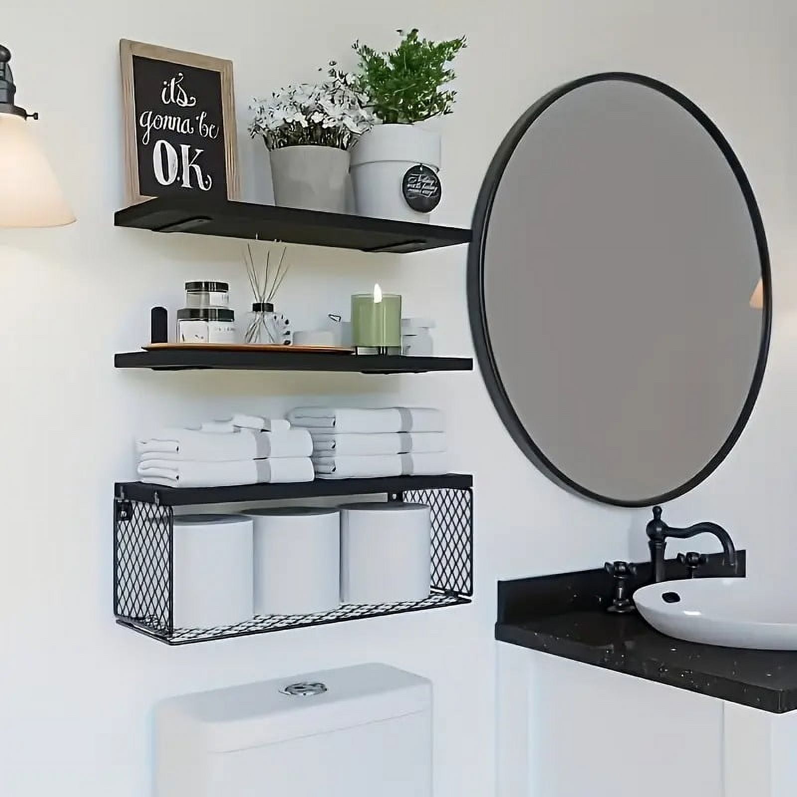 Floating Shelves, 3 Set Wall Mounted Wood Bathroom Shelves with Wire ...