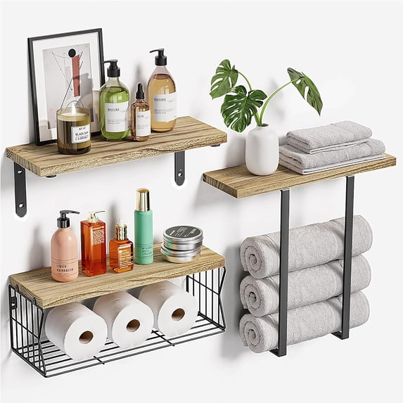 Floating Shelves, 3 Set Wall Mounted Wood Bathroom Shelves,with Towel Rack Paper Holder Storage for Bathroom, Kitchen, Living Room, Light Wood Color