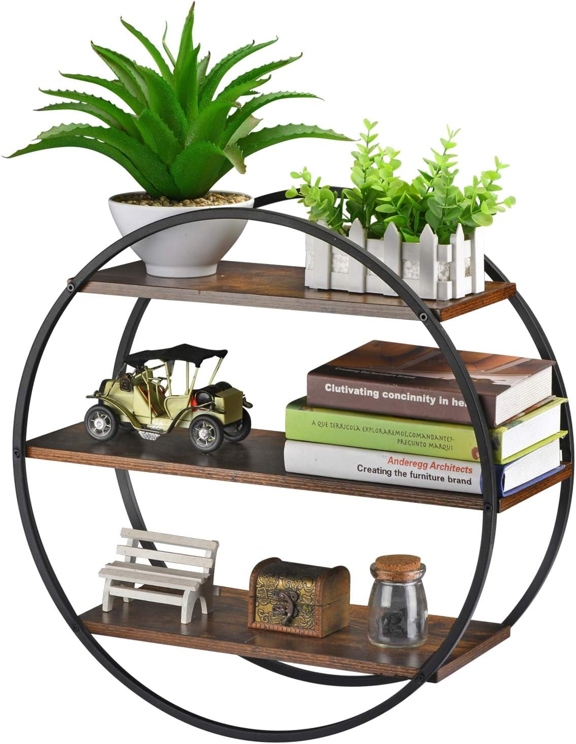 Floating Shelves, 3 Tier Decorative Geometric Circle Metal and Wood