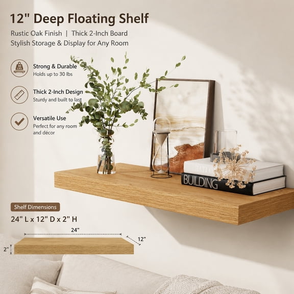 Floating Shelves 30 Inch Long, 12 Inch Deep Rustic Wood Wall Shelf for Books, Kitchen, Living Room, Oak Finish Storage & Display, 1 Pack