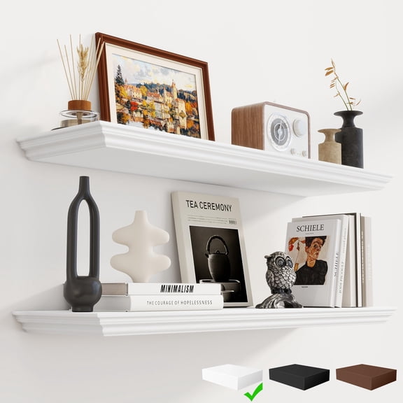 Floating Shelves 36 Inch Long, 9.3 Inch Deep Classic Crown Molding Floating Shelves for Wall, Rustic Wooden Shelves for Wall Decor Bathroom, Kitchen, Office, (White, 2Pack)